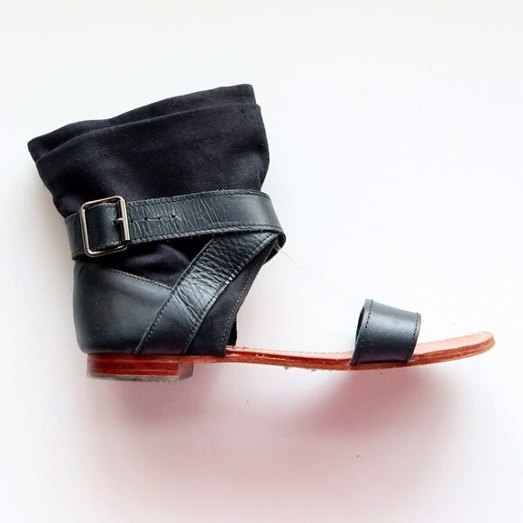 Mellow Yellow Black Leather & Linen Flat Gladiator Sandals Open Toe Summer Shoes - Picture 9 of 16